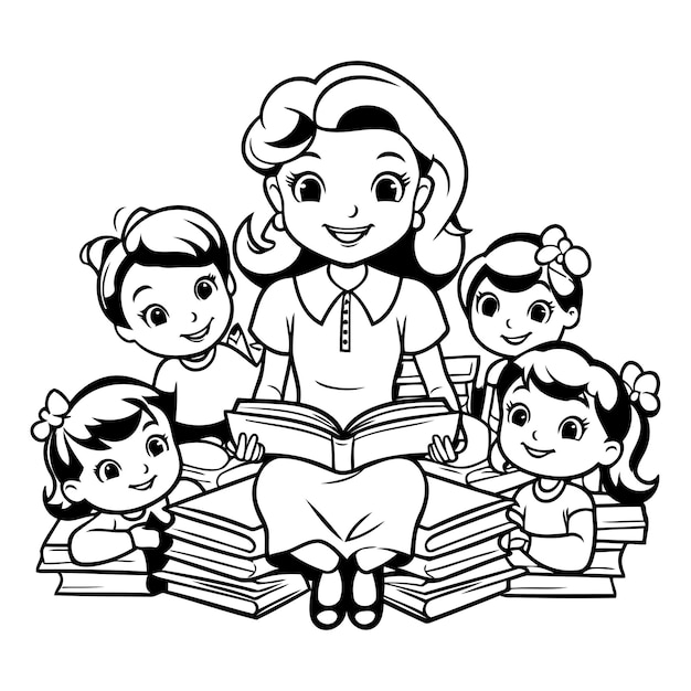 teacher and kids with books black and white vector illustration graphic design