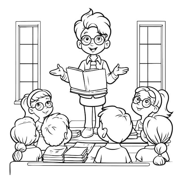 Teacher at the lesson Black and white vector illustration for coloring book