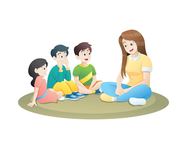 Vector teacher and little kids sitting on soft carpet and learning