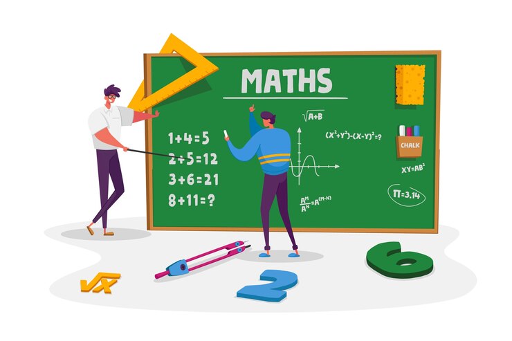 Vector teacher male character explain mathematics or physics formula written with chalk on blackboard to young man student. higher education in university or college. cartoon people  