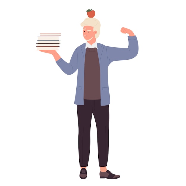 Teacher man holding stack of books