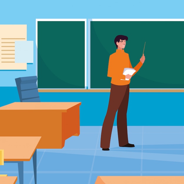 Teacher man with classroom and chalkboard