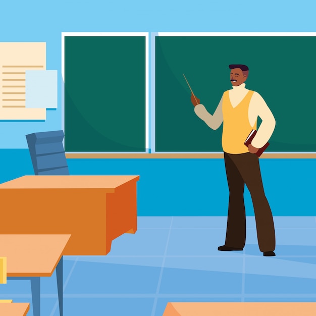 Teacher man with classroom and chalkboard