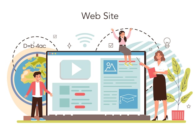 교사 온라인 서비스 또는 플랫폼. 교실에서 수업을 하는 교수. 학교 또는 대학 노동자. 교육의 아이디어입니다. 웹사이트. 평면 벡터 일러스트 레이 션
