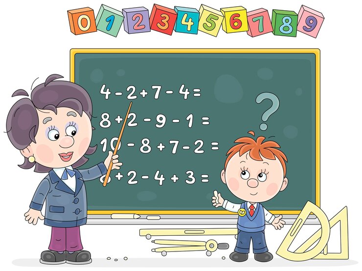 Teacher pointing to a blackboard and asking an answer to a math problem from a little schoolboy