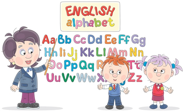 ベクトル 英語のアルファベットの文字を指差し面白い小学生にそれらについて尋ねる教師