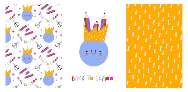 Teacher's Day Back to School Set of patterns and prints with Stationery Multicolored Pencils Sc