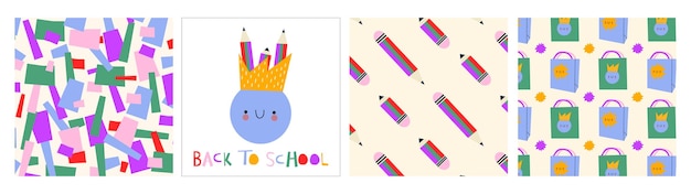 Teacher's Day Back to School Set of patterns and prints with Stationery Multicolored Pencils Sc