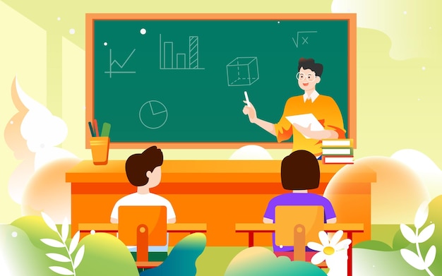 教師の日、教師は黒板と教室を背景に生徒にレッスンを行っています