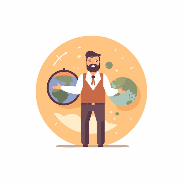 Teacher standing in front of a classroom with a globe Vector illustration