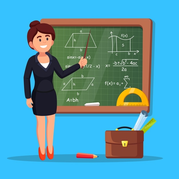 Vector teacher standing, points to chalkboard with formulas in classroom.  university or school education