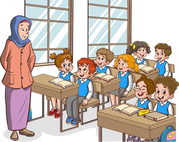 A teacher stands in front of a classroom full of children.