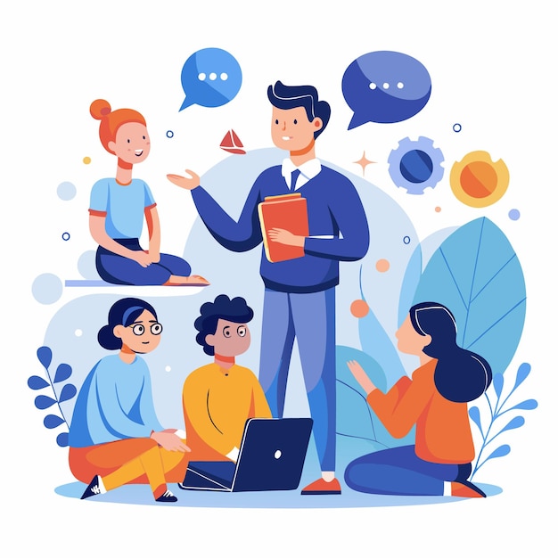 A teacher stands in front of four students talking to them about a subject They are sitting in a circle paying attention and listening to the teacher There is a laptop in the center of the circle