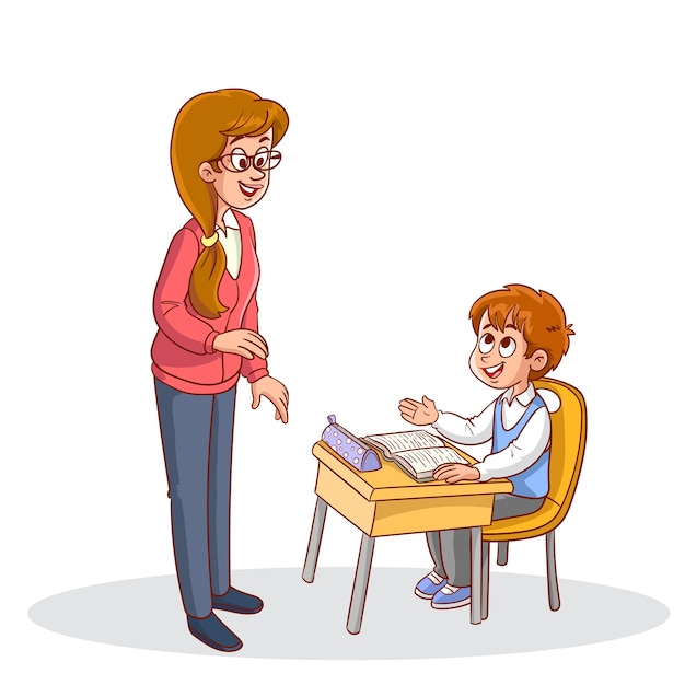 teacher and student studying in classroom vector illustration.