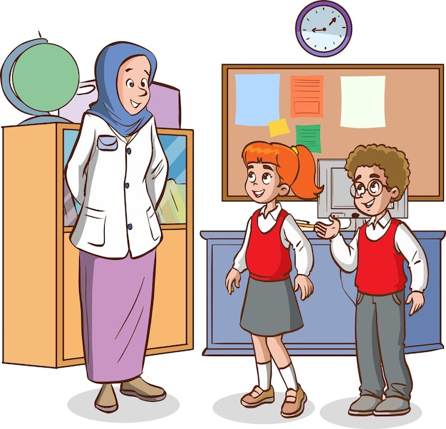 teacher and students are studying in the classroom cartoon vector