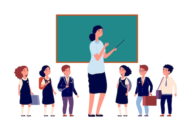 Vector teacher and students. elementary school pupils. young lady near chalkboard and preschool or primary class boys girls vector illustration. school teacher in classroom near chalkboard