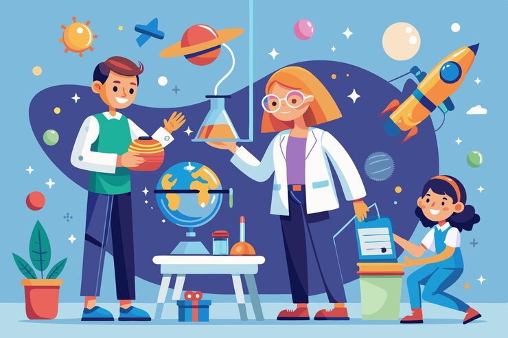 Vector teacher and students experimenting on effects of microgravity vector illustration