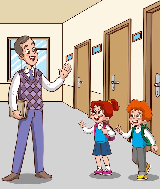 учитель и ученики приветствуют в школе мультфильм вектор