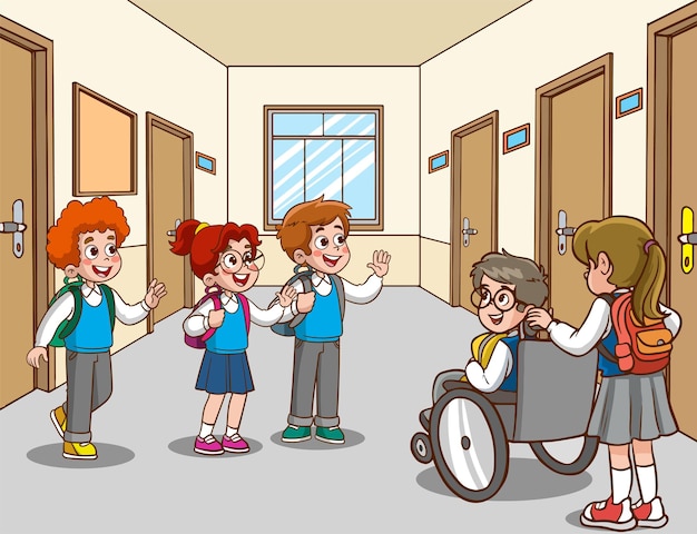 Teacher and students greet at school cartoon vector