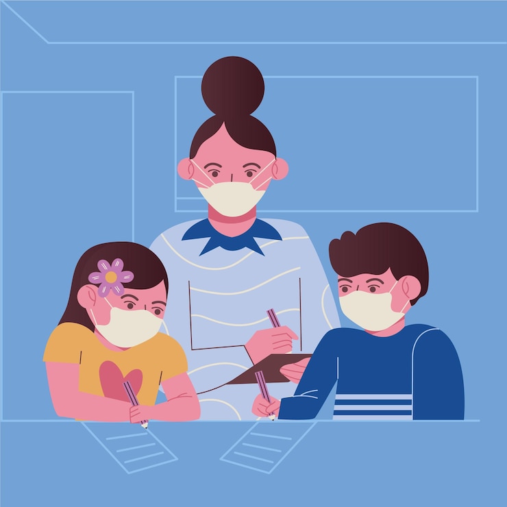 Vector teacher and students wearing face mask in class