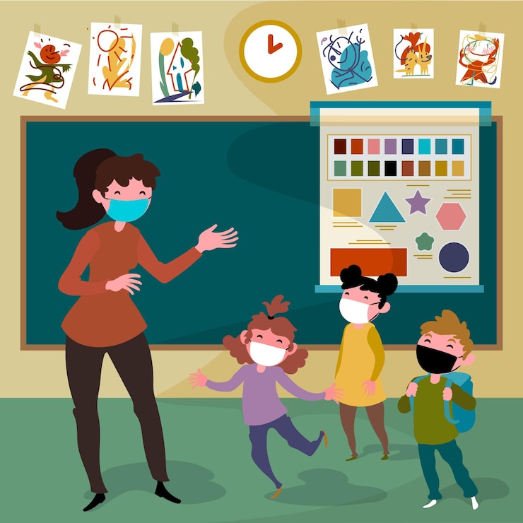 Vector teacher and students wearing face mask in class