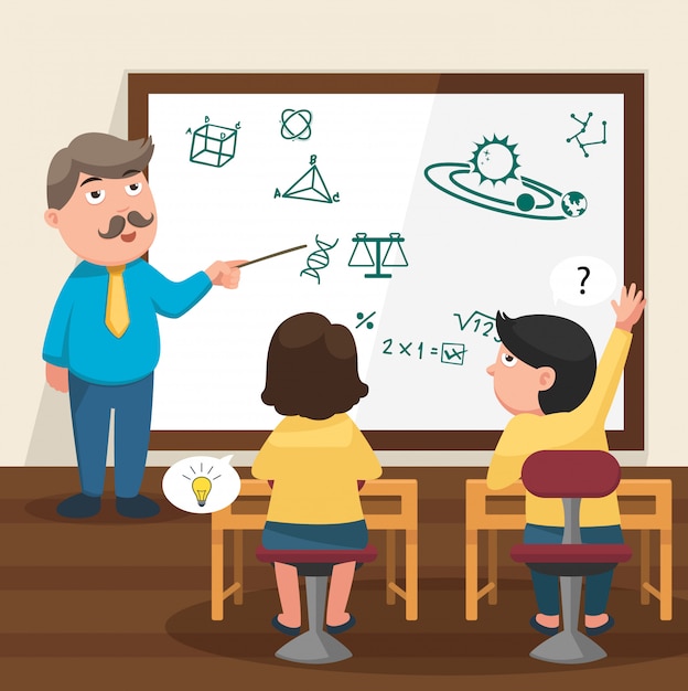 The teacher teaching his students in the classroom illustration