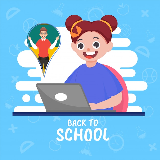 Teacher teaching online in laptop to cute girl on white and blue education supplies element background for back to school concept.