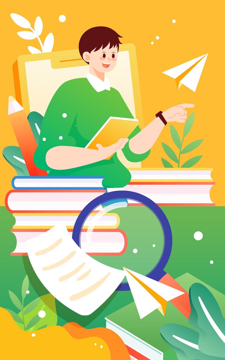Вектор учитель преподает онлайн на мобильном телефоне с книгами и бумагами на фоне векторной иллюстрации