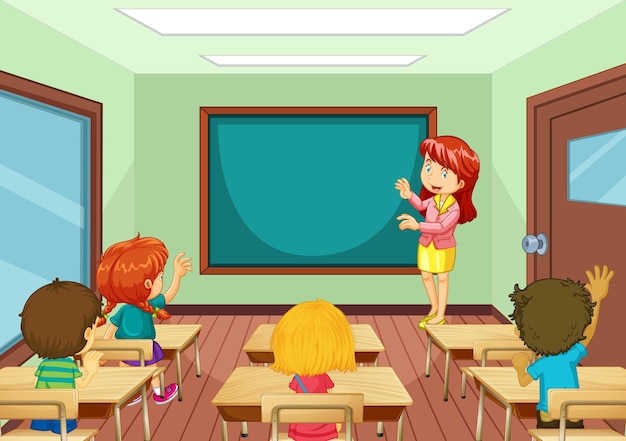 Vector teacher teaching students in the classroom scene