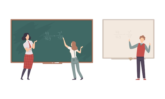 teacher or university professor standing in front of chalkboard explaining lesson vector set