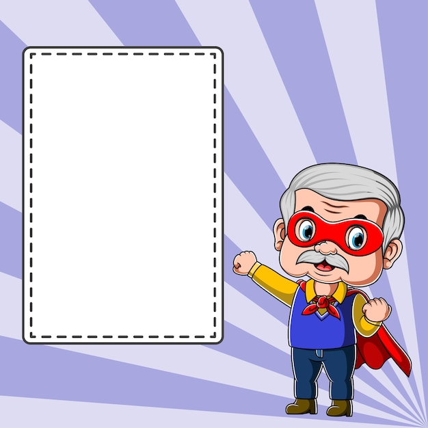 Teacher using superhero costume standing near blank