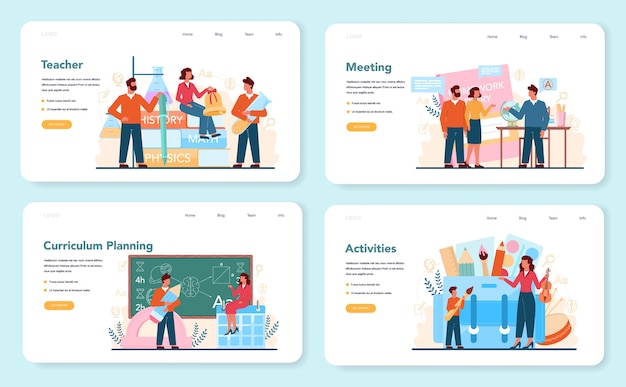 教師のWebバナーまたはランディングページセット。教授はカリキュラムを計画し、両親に会います。