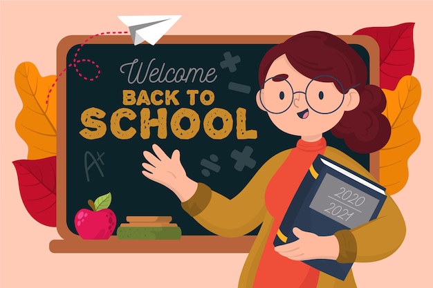 Vector teacher welcomes back to school