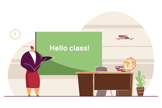 Vector teacher welcoming students back to school. flat vector illustration. professors standing near blackboard with pointer in classroom. school, education, learning concept for banner design, landing page