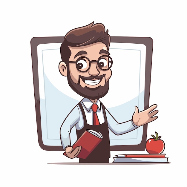 Vector teacher with book and apple vector illustration in cartoon style