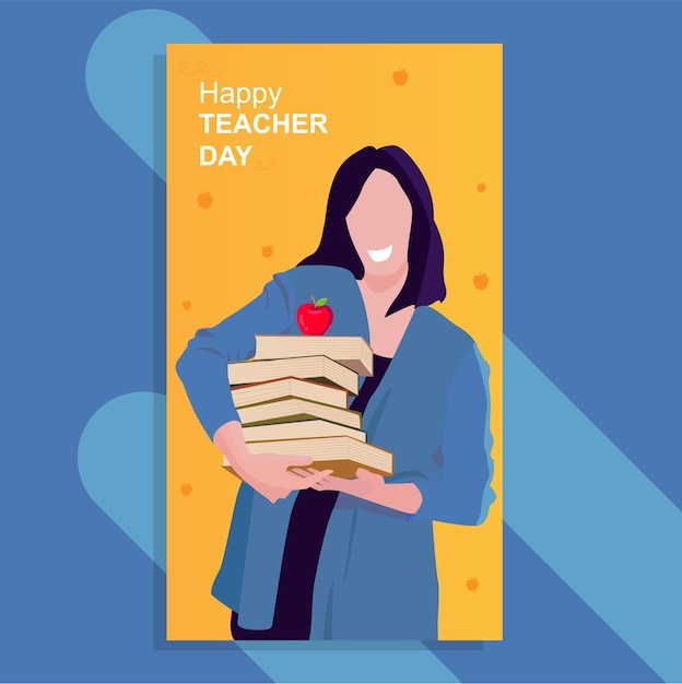 TEACHER WITH BOOKS AND APPLE HAPPY TECHAER DAY STORIES SOCIAL MEDIA WOMAN CARTOON