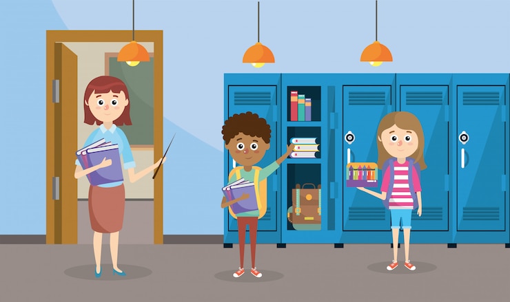 Vector teacher with books and students with lockers in the classroom