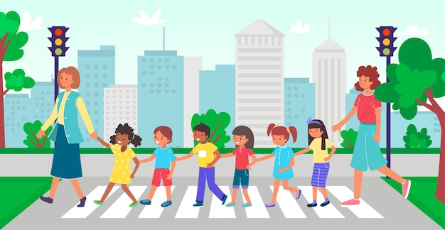 Vector teacher with children crossing street