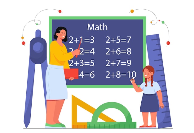 Vector teacher with student at math lesson woman with kid near blacboard near rulers pencil education