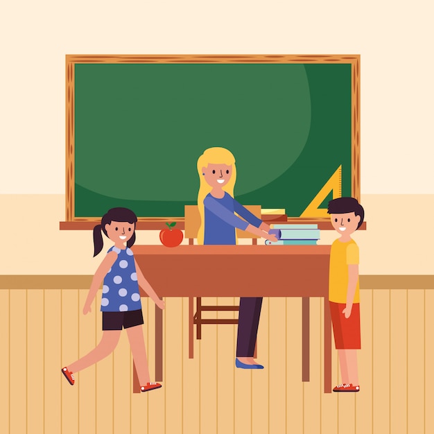 Vector teacher with students and homework