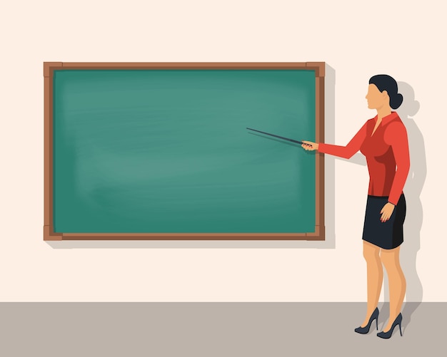 空白の学校の黒板の前に立っている教師の女性