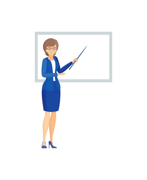 Vector teacher woman with pointer in classroom businesswoman giving presentation teacher