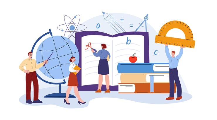 Vector teacher at work concept teachers training school staff university or college workers attractiveness innovative education lecturer kicky vector scene illustration of training staff
