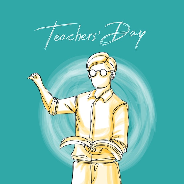 Vector teachers day banner with simple teacher hold book teaching student illustration one continuous line style