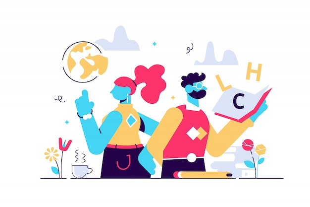 Teachers day illustration. flat tiny world educators holiday persons concept. october academic occupation celebration time. university and school profession symbolic appreciation greeting time.