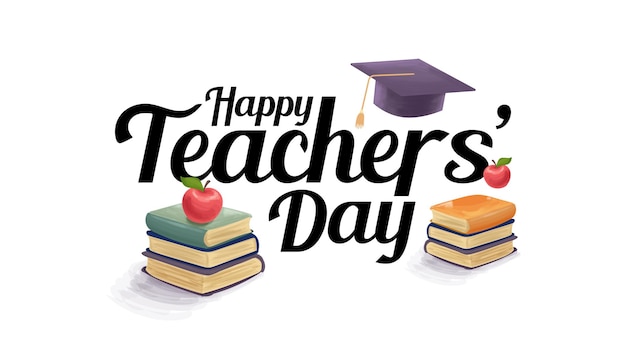 Teachers Day kalligrafie Hand belettering met Apple bovenop boeken illustratie