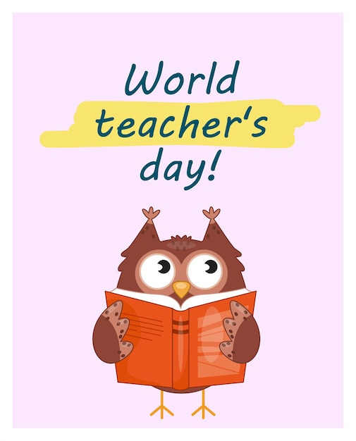 Teachers day postcard owl with open book fiction and textbook wisdom knowledge and information