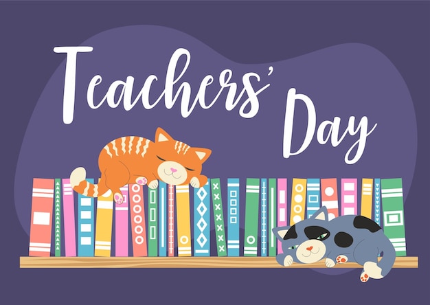 Vector teachers day shelves with books and cats banner