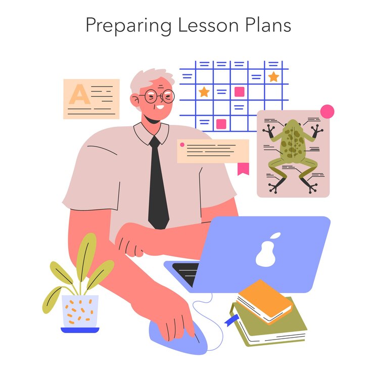 Vector teachers profession concept a dedicated educator organizes academic curricula amidst teaching aids