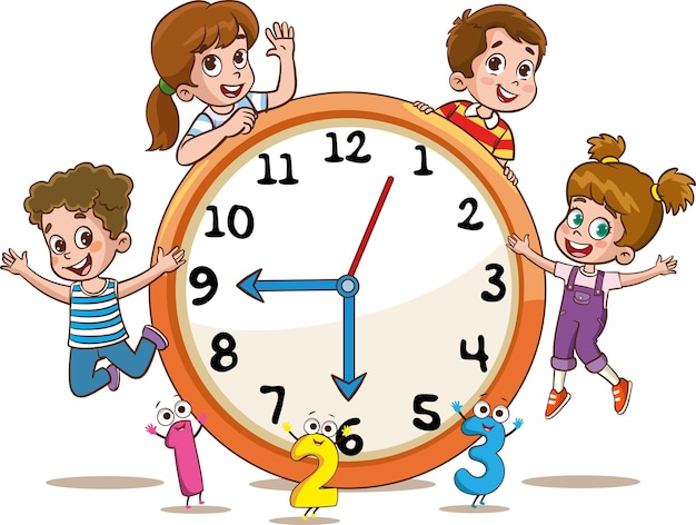 Vector teaching the concept of timecute children clock template illustrationlittle children holding a clo